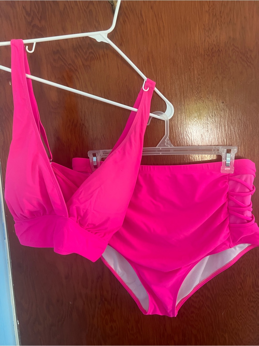 Women's Hot Pink V-Neck Bikini Top With High Waisted Bottoms